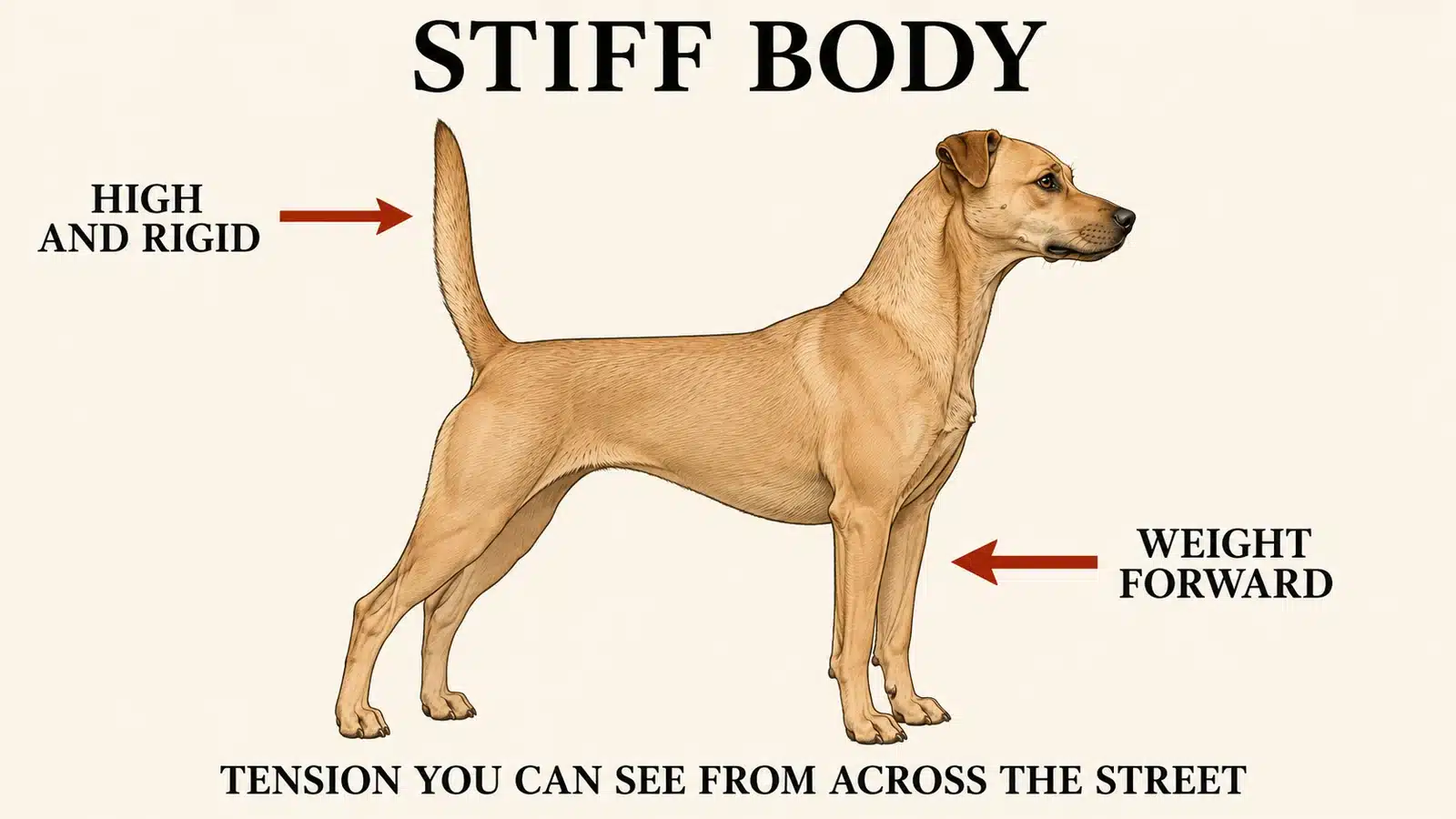 Dog standing with a completely stiff, squared, forward-loaded body posture