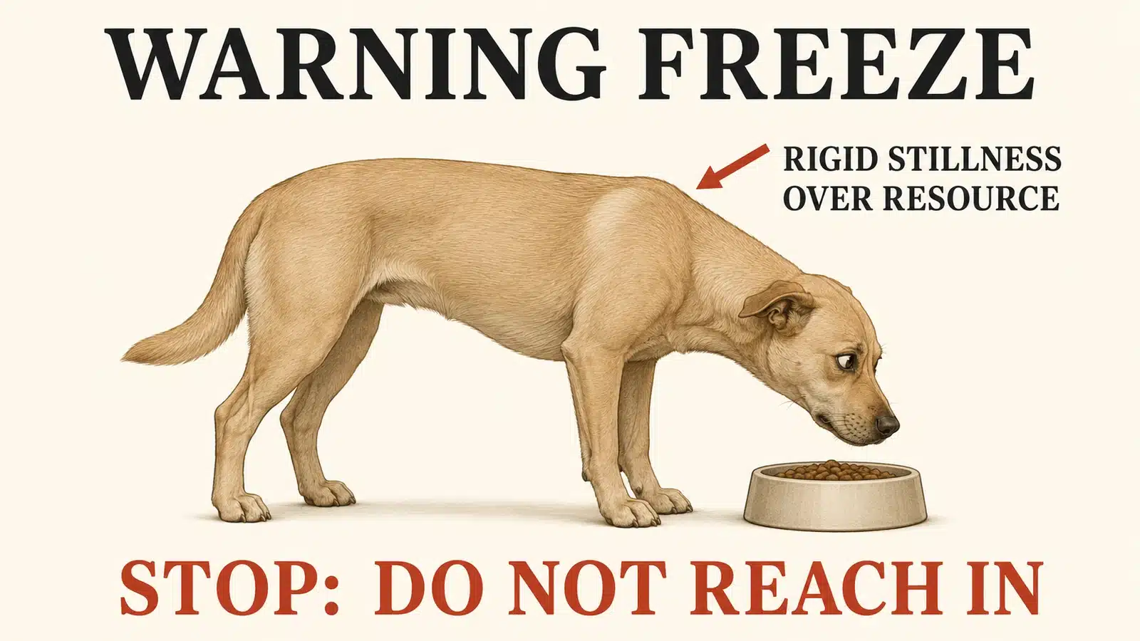Dog frozen over a food bowl with stiff shoulders and whale eye, warning others away