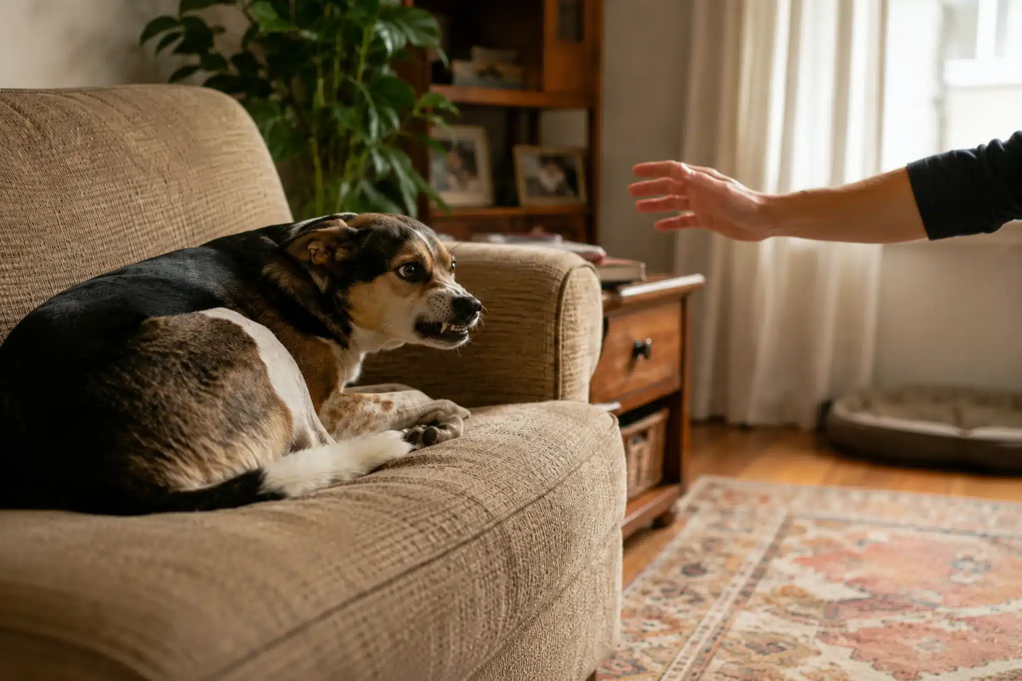 Dog on a sofa showing aggression toward a family member, with a stiff body, hard stare, and lip curl as a hand reaches toward it