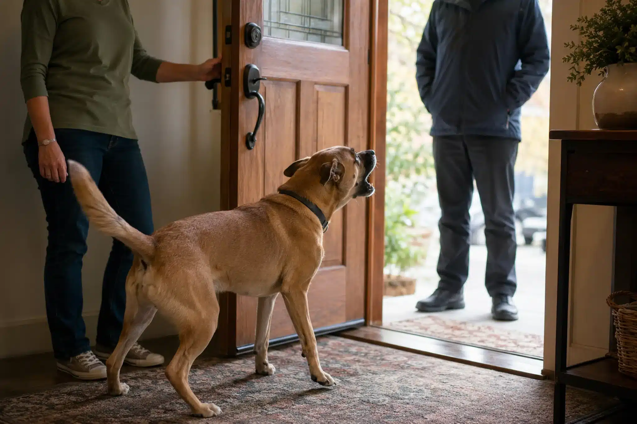Dog barking intensely at the front door with a stiff, tense forward posture as an unfamiliar visitor arrives
