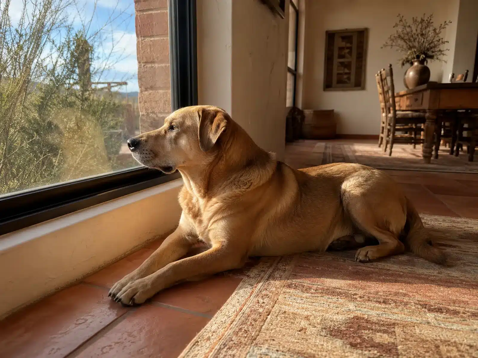 Dog resting alone at a large window in soft morning light.