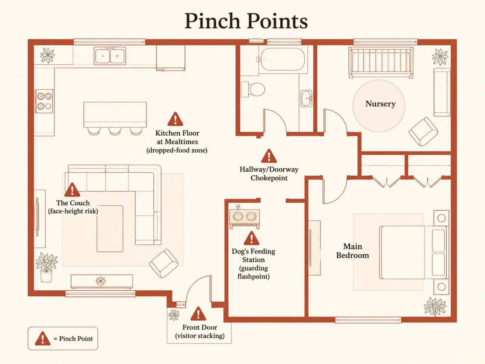 Overhead home map flagging five dog-and-baby pinch points: the hallway chokepoint, the couch, the kitchen floor, the feeding station, and the front door