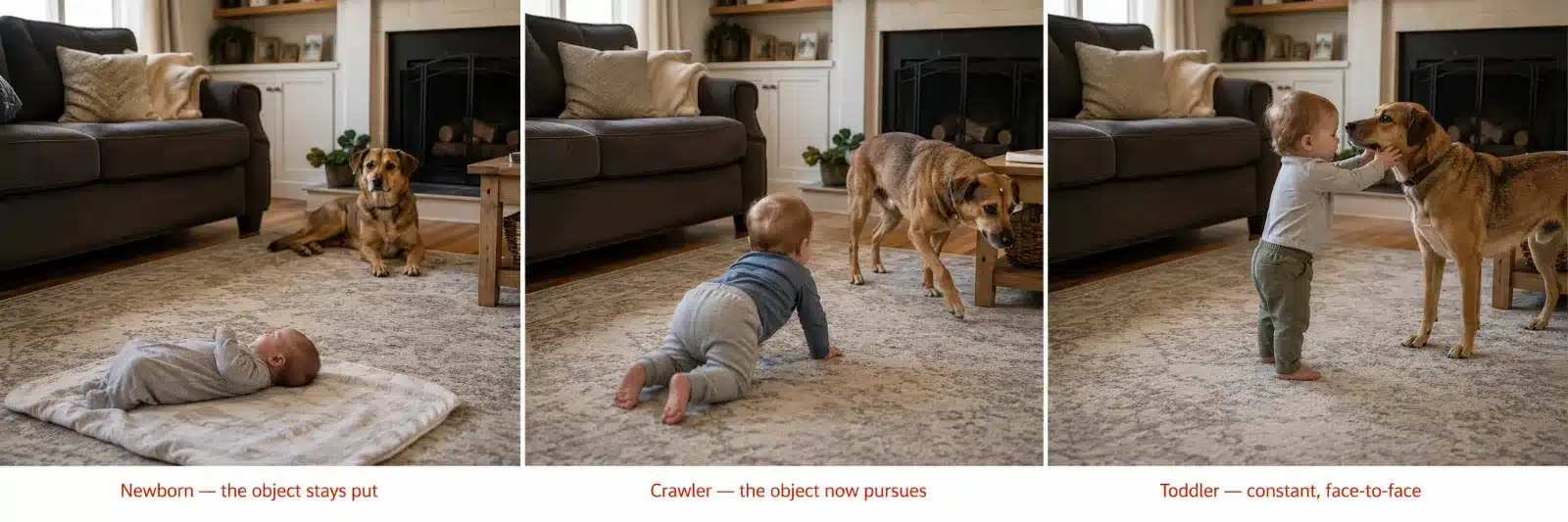 Three-panel sequence in the same room showing a stationary newborn, a crawling baby moving toward the dog, and a toddler reaching for the dog, illustrating escalating challenge