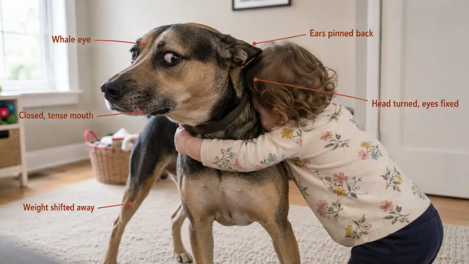 Annotated photo of a toddler hugging a family dog that is showing whale eye, pinned ears, and a tense closed mouth, illustrating stress signals pet parents miss