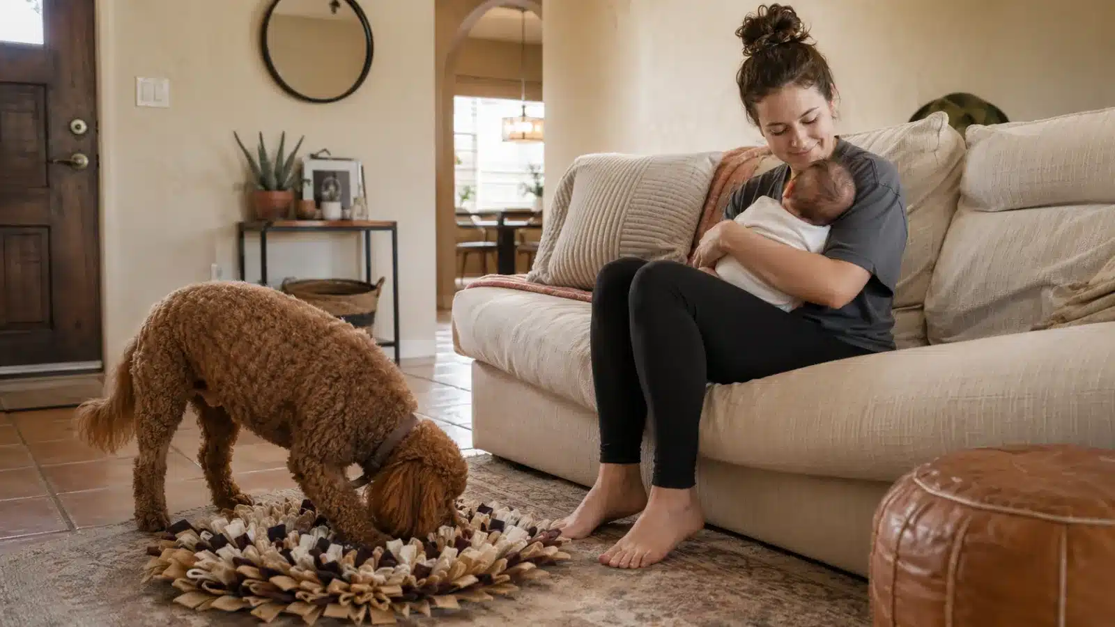 A parent sitting with a baby while the dog contentedly works at a stuffed chew or snuffle mat nearby, showing low-effort enrichment meeting the dog's needs