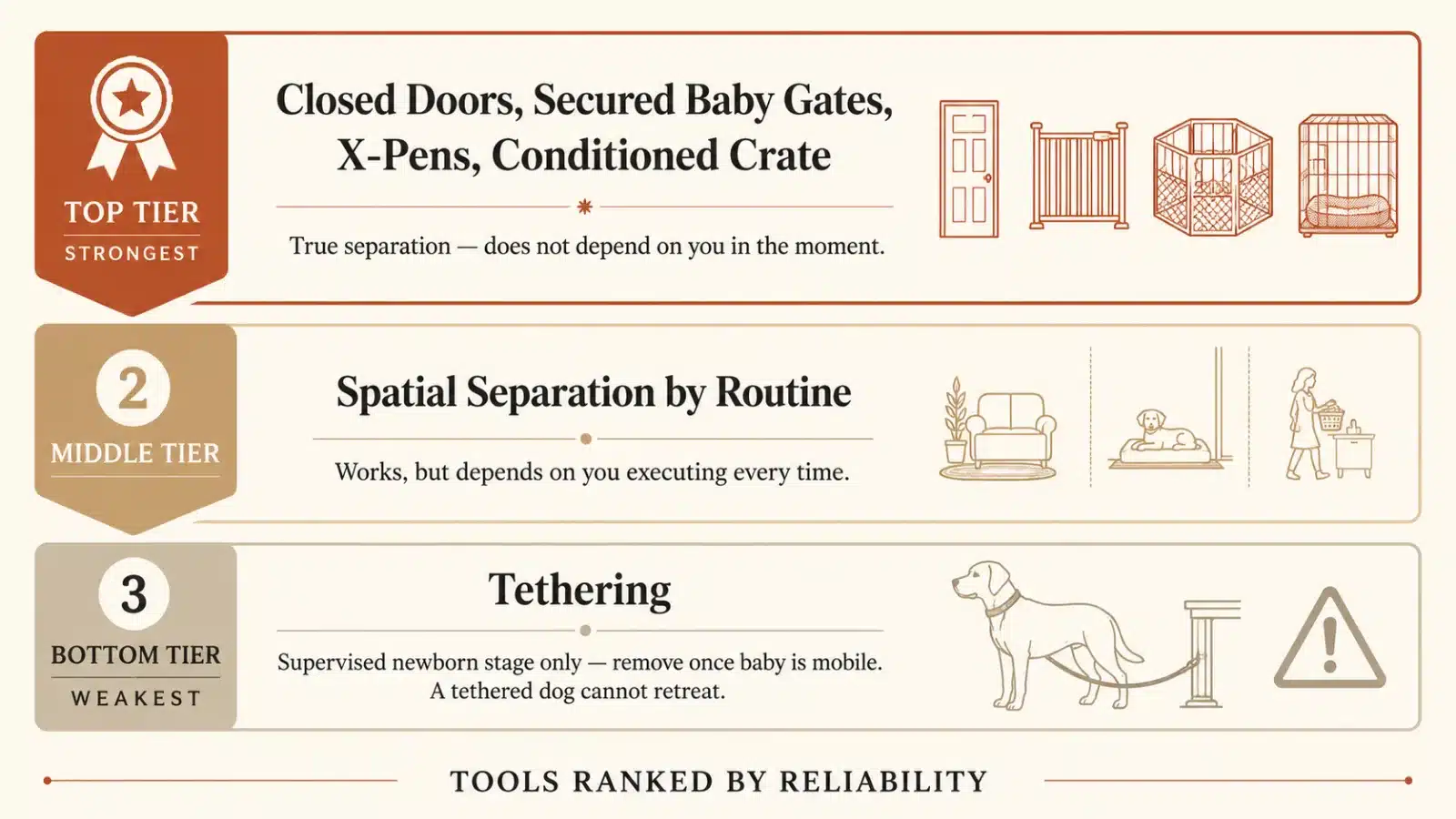 Tiered graphic ranking dog-management tools, with doors, gates, pens, and crates as most reliable, routine separation in the middle, and tethering as a supervised newborn-only tool