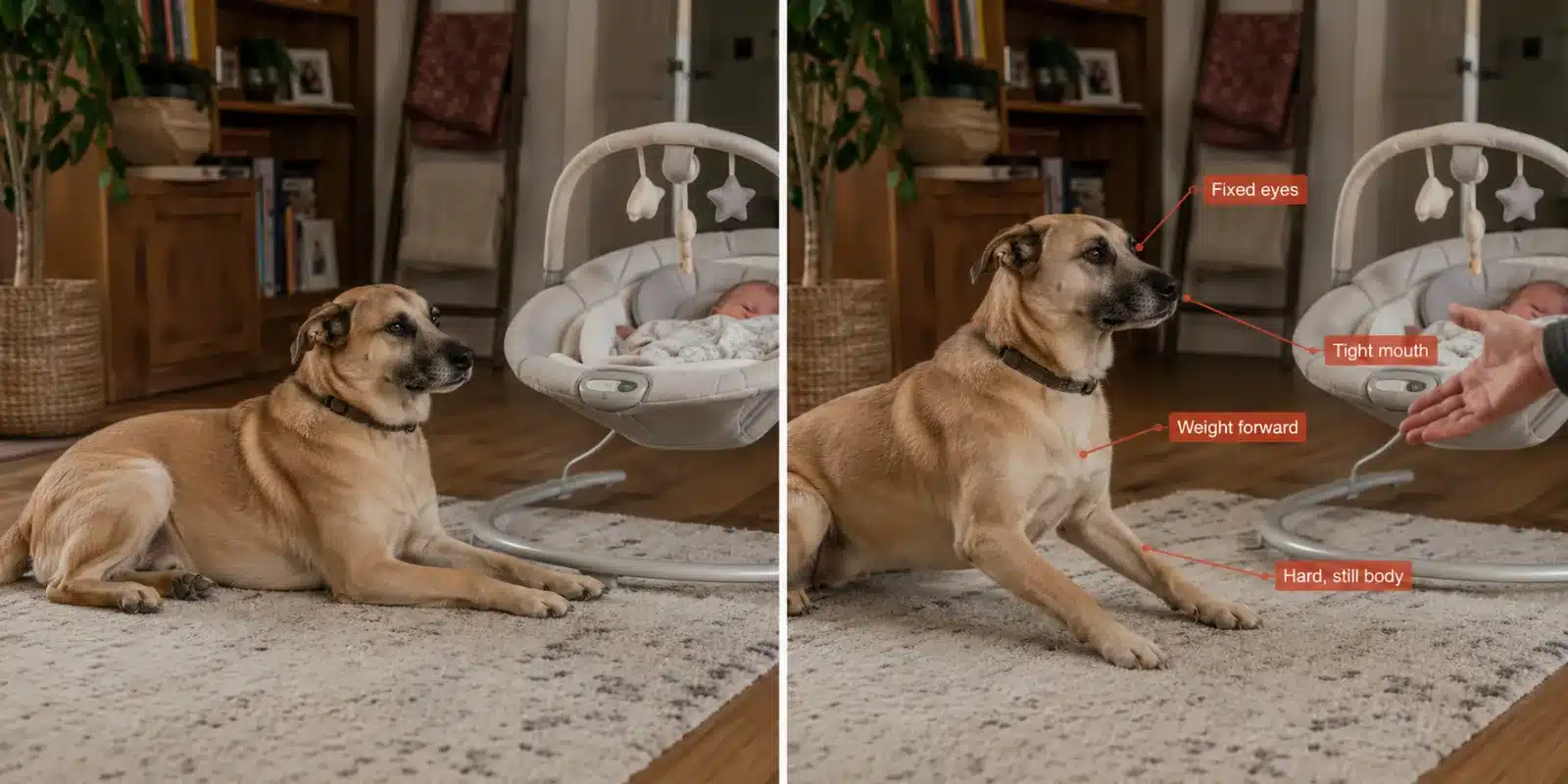 Side-by-side comparison of the same dog near a baby bouncer, relaxed on the left and guarding with a stiff forward body on the right
