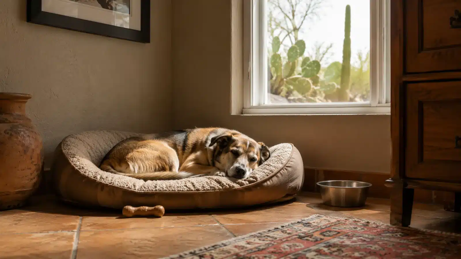 A cozy dog retreat in a quiet corner with a comfortable bed, chew, and water, where a relaxed dog rests by choice