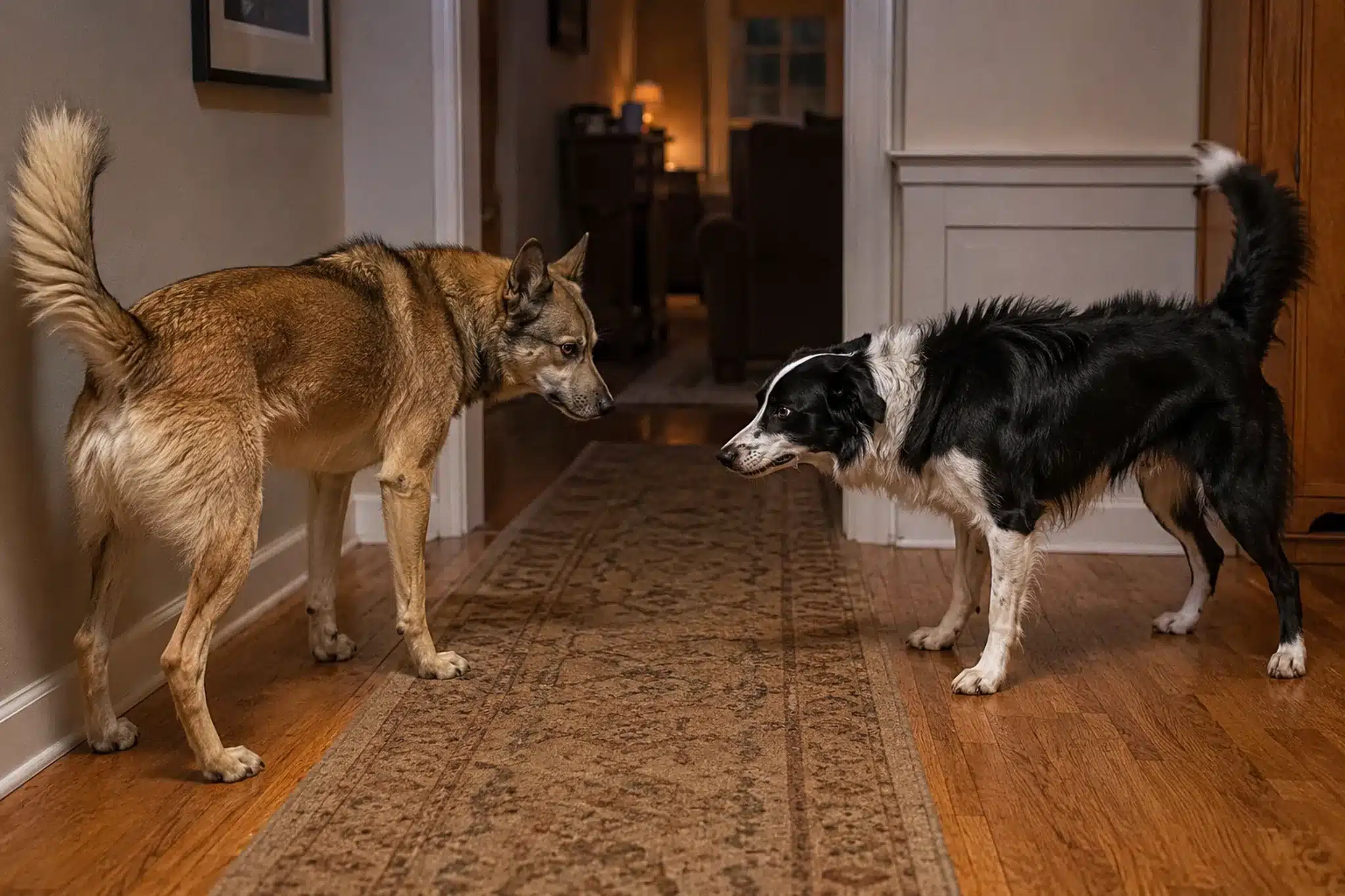 Two household dogs in a stiff standoff with locked hard stares, raised hackles, and rigid high tails moments before a conflict