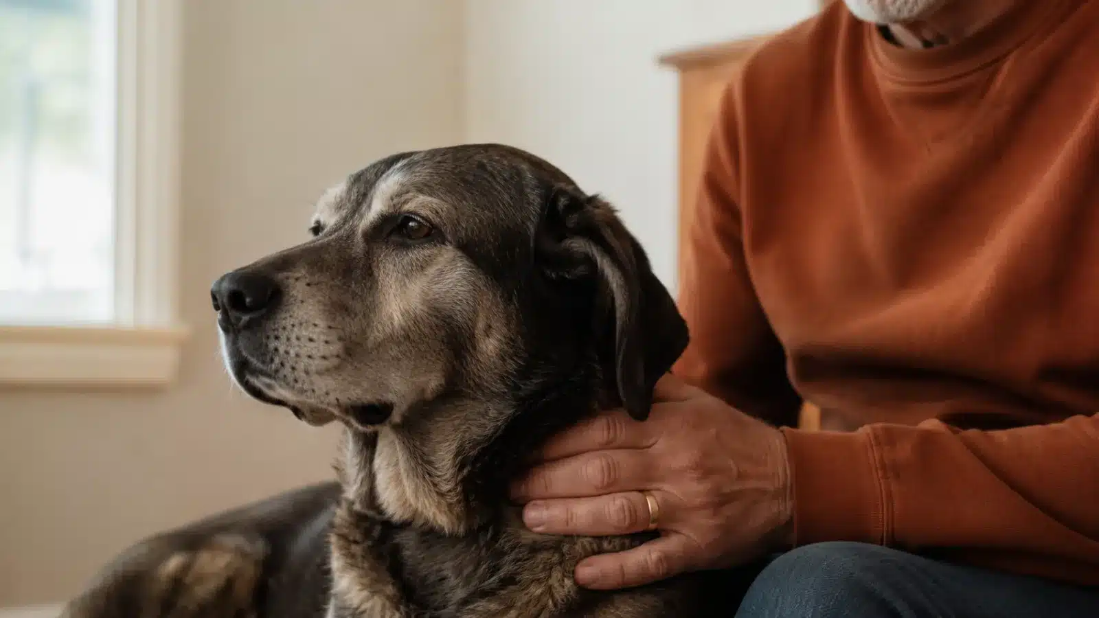 A quiet, restrained image of a gentle hand resting on a calm older dog, accompanying an honest discussion of difficult decisions