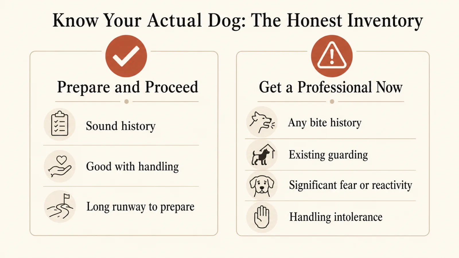 Two-column self-assessment graphic sorting dogs into prepare-and-proceed versus get-a-professional-now based on history, handling, and existing behavior