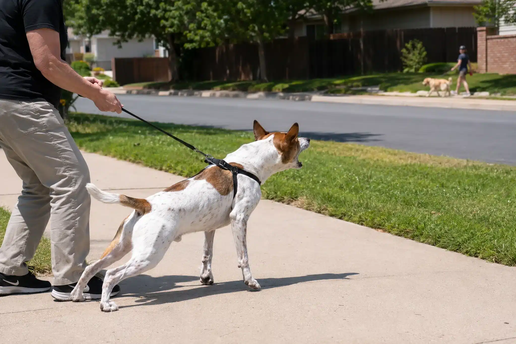 Leash-reactive dog in a Y-front harness lunging and barking at the end of a taut leash toward another dog far across the street