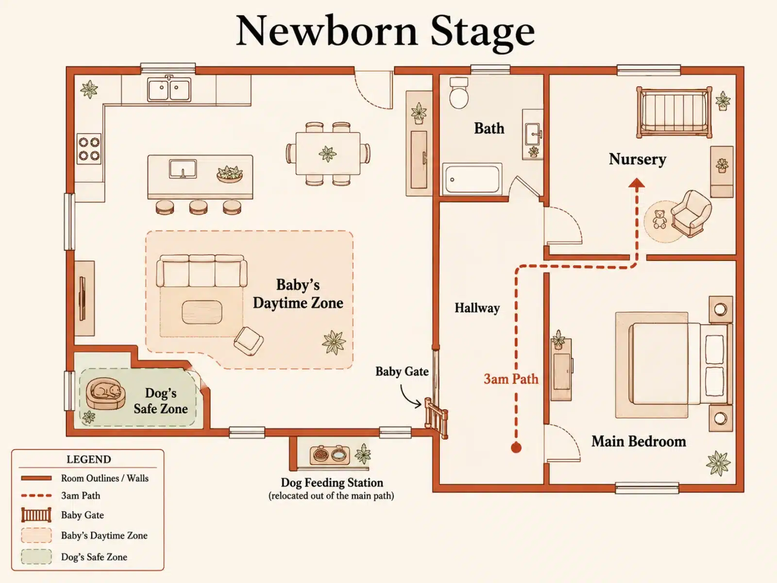Overhead floor plan for the newborn stage showing the baby's daytime zone, the dog's safe zone out of traffic, a baby gate, relocated feeding station, and a 3am path that avoids the dog's resting spot