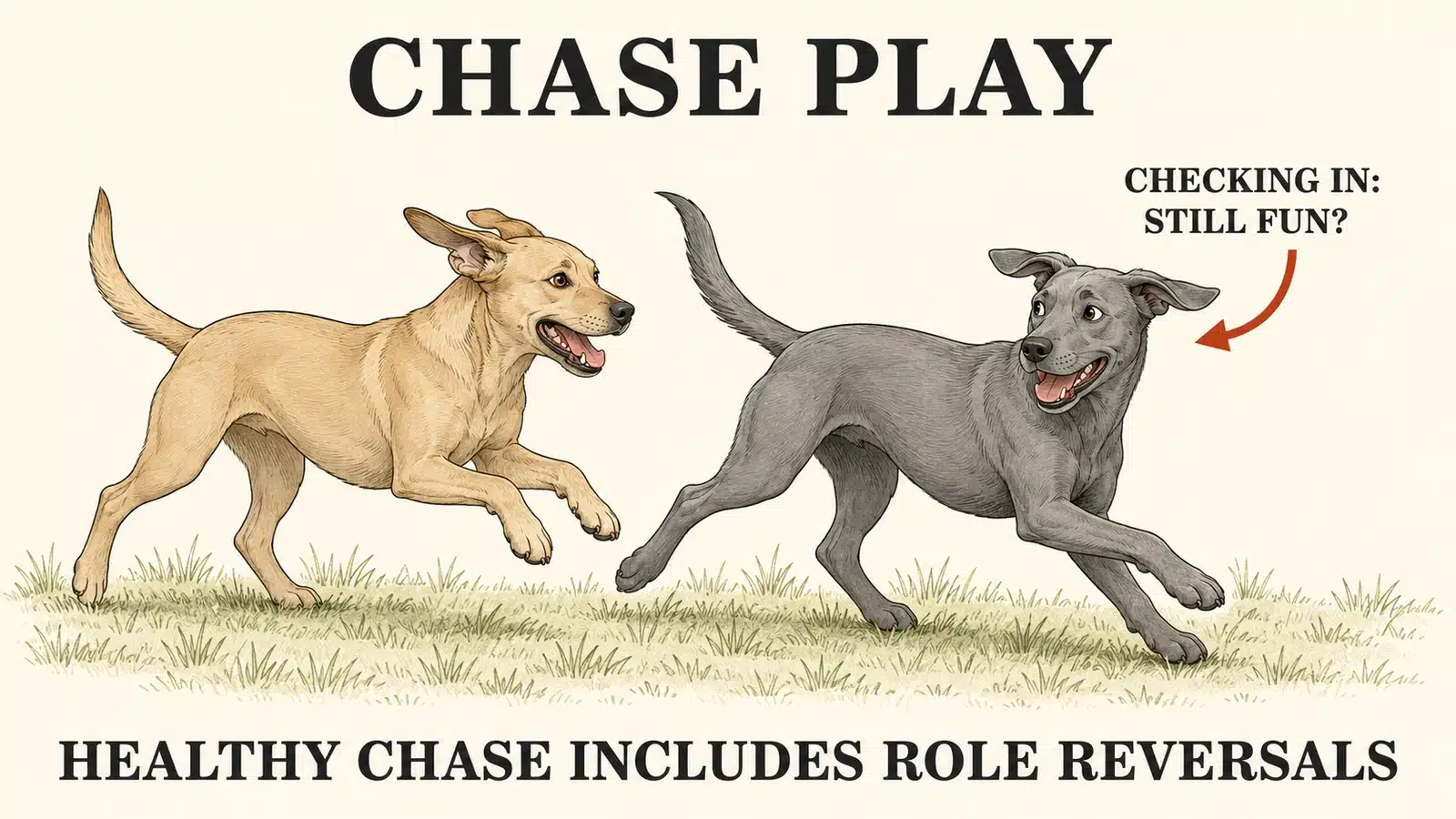Two dogs in a friendly chase game with loose bouncy strides and happy faces