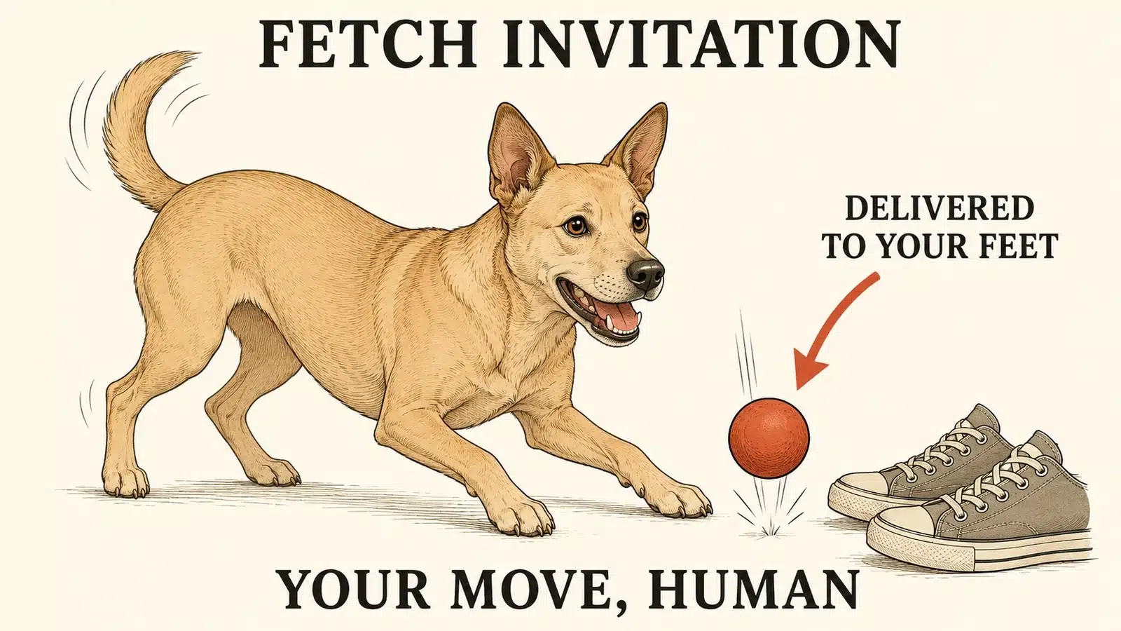 Dog dropping a ball at a person's feet and backing up in a ready crouch to invite fetch