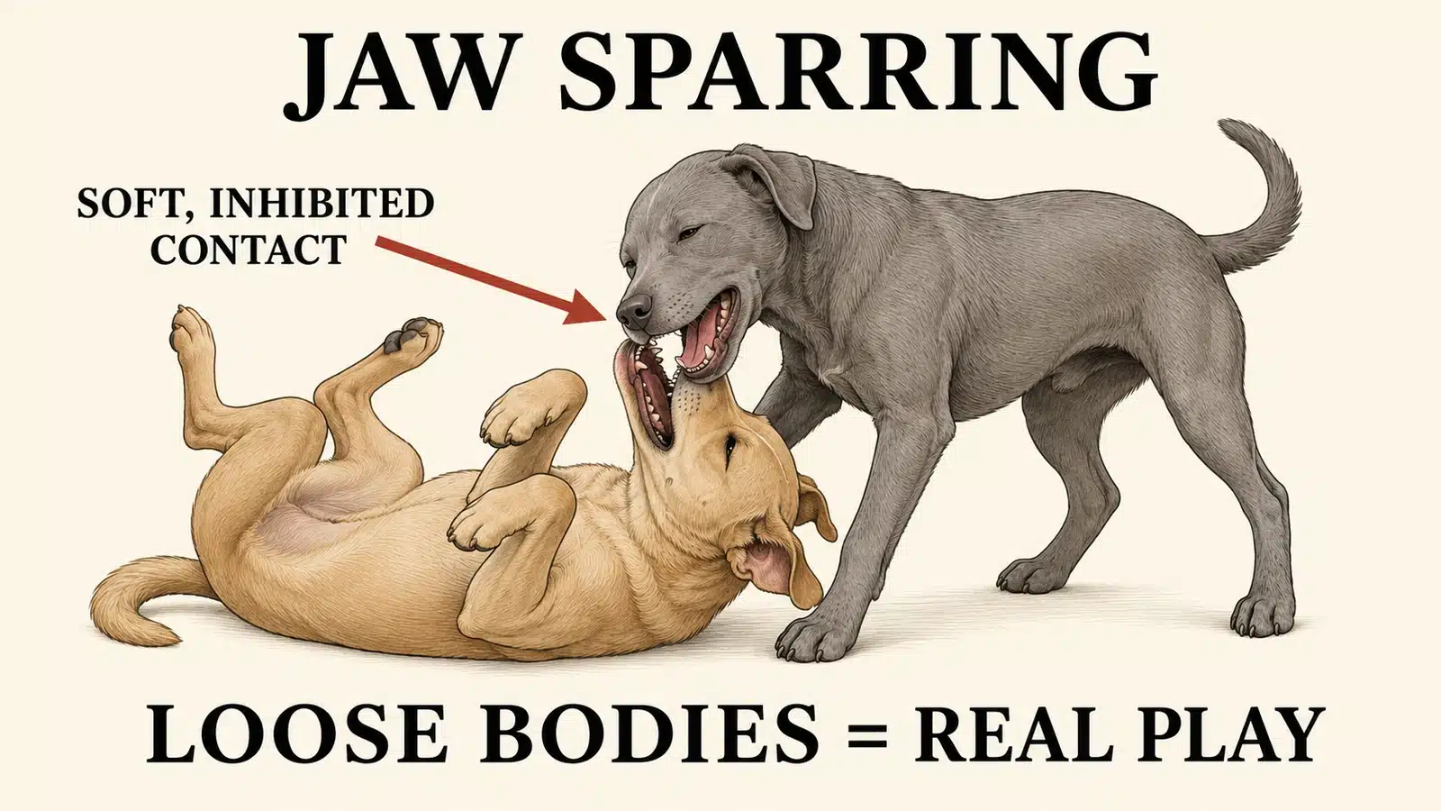 Two dogs play fighting with open inhibited mouths and soft loose bodies