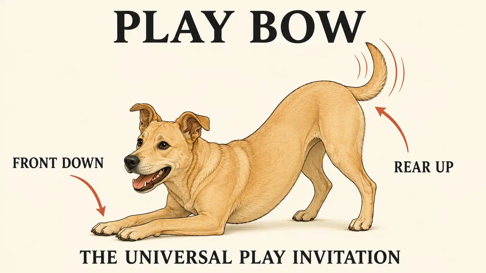 Dog in a classic play bow with front end down, rear end up, and a wagging tail