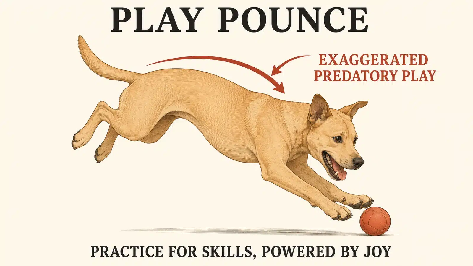 Dog in a stalking pounce toward a toy with playful exaggerated movement