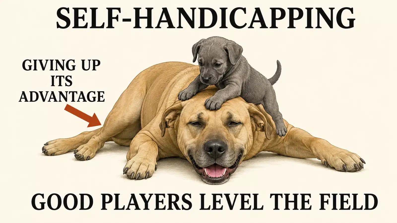 Large dog lying down and play fighting gently with a small puppy, deliberately handicapping itself