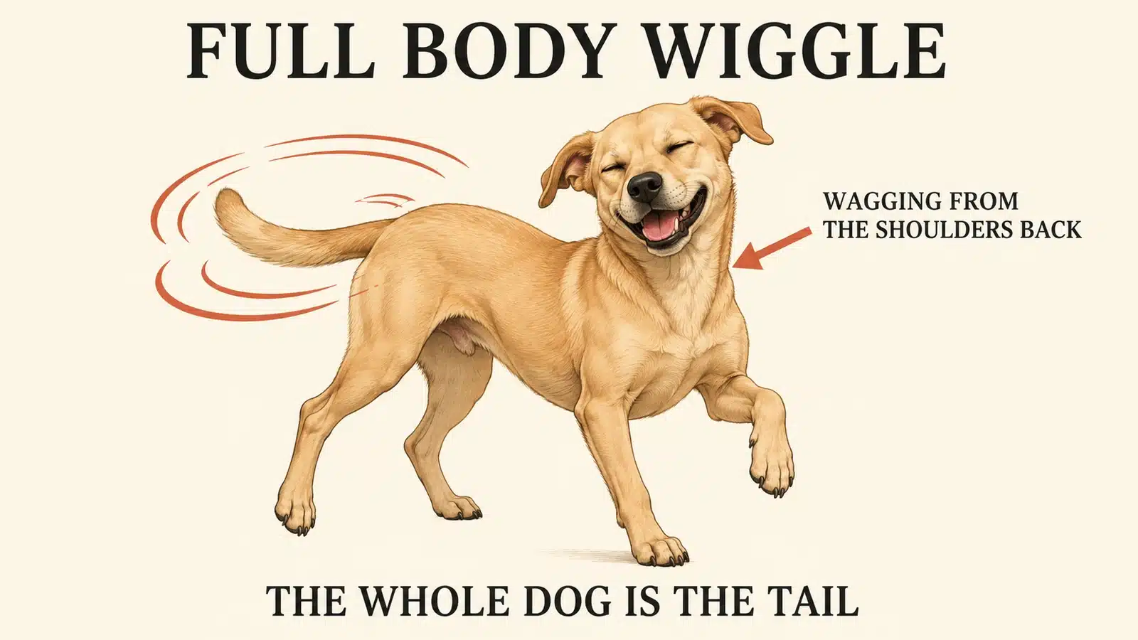 Dog with a loose wiggly S-shaped body wagging from shoulders to tail