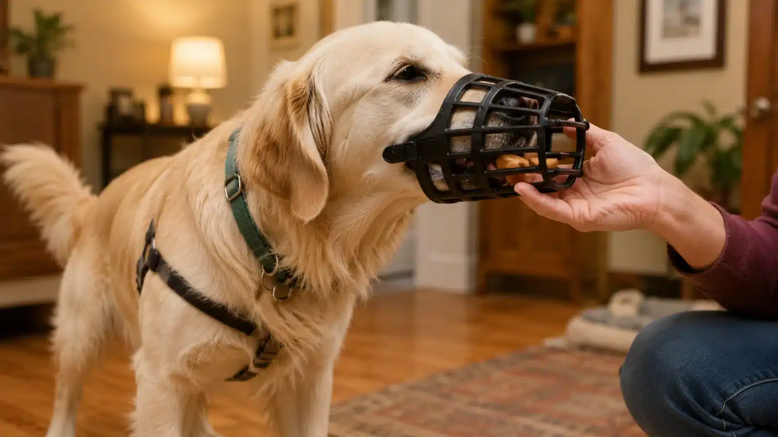 A relaxed, happy dog voluntarily pushing its nose into a basket muzzle to take a treat, illustrating positive muzzle conditioning