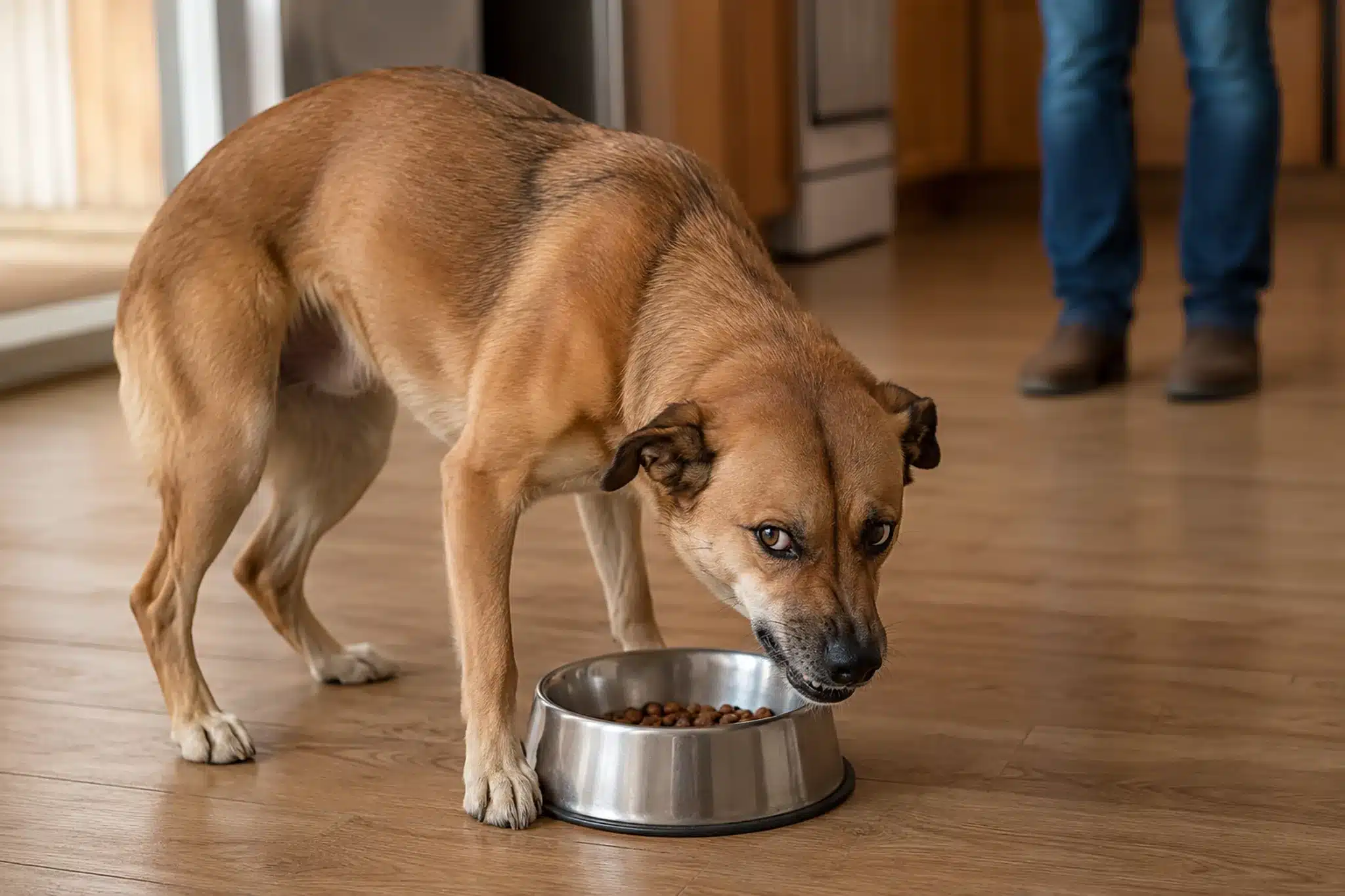 Dog showing resource guarding with a lowered head, stiff body curved around its food bowl, whale eye, and lip lift as a person stands at a distance