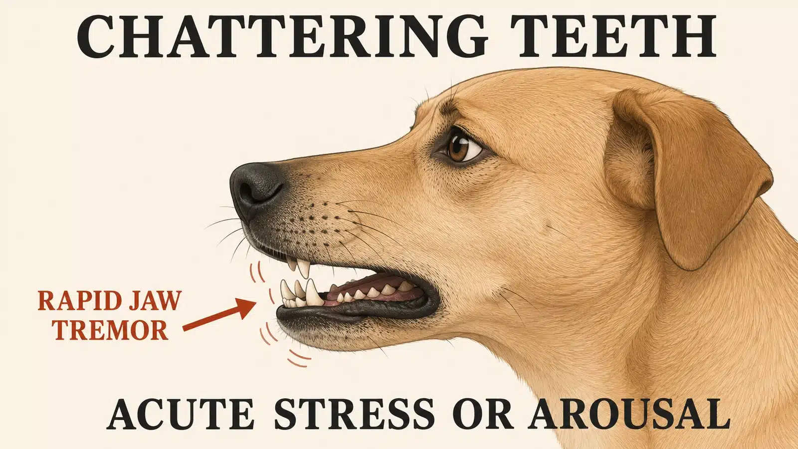 Dog with jaw slightly open and teeth chattering from acute stress