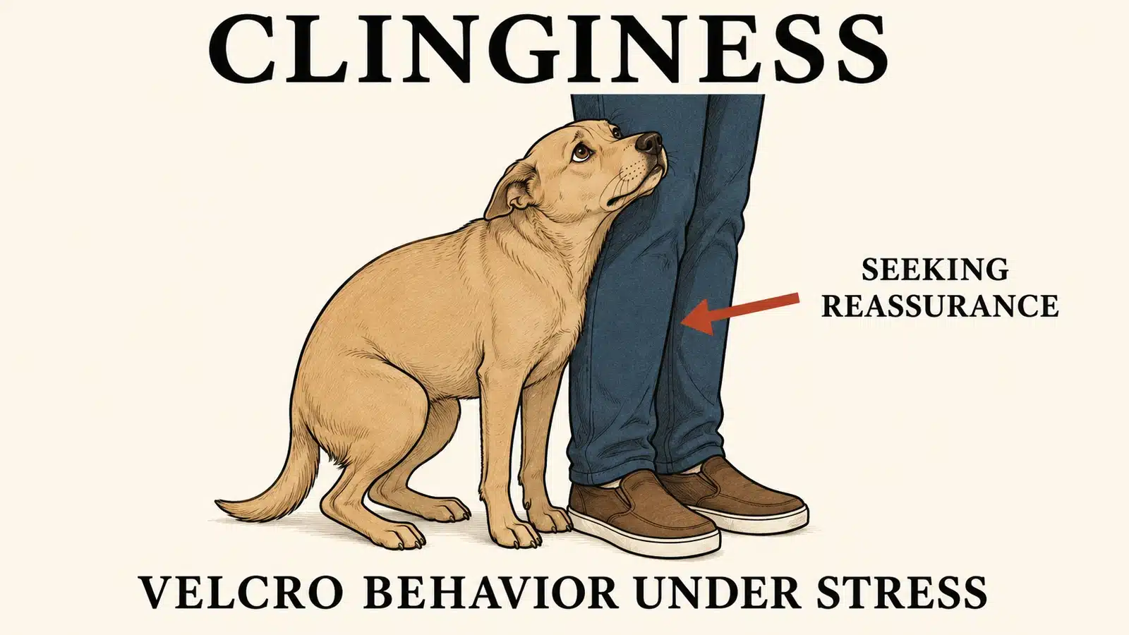 Anxious dog pressing tightly against its pet parent's legs seeking reassurance