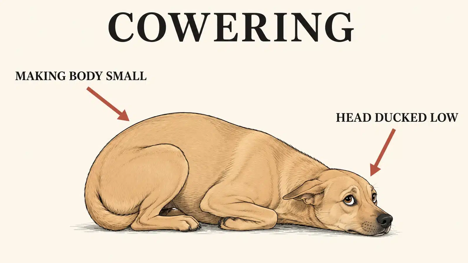 Dog cowering low to the ground making its body appear smaller in response to fear