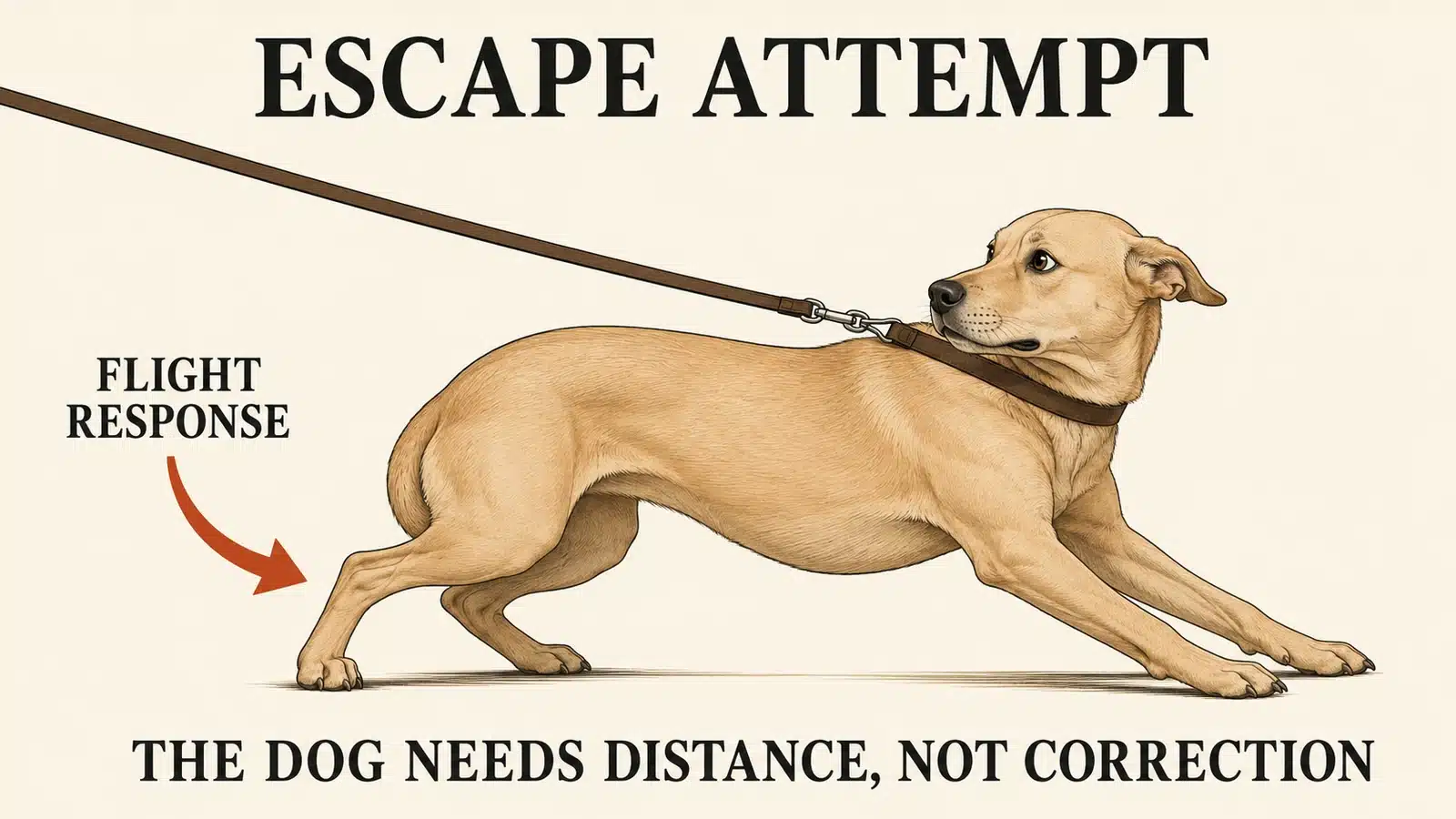 Panicked dog pulling backward at the end of a leash trying to escape