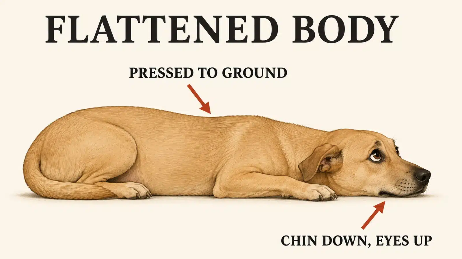 Dog pressing its entire body flat against the ground in fear