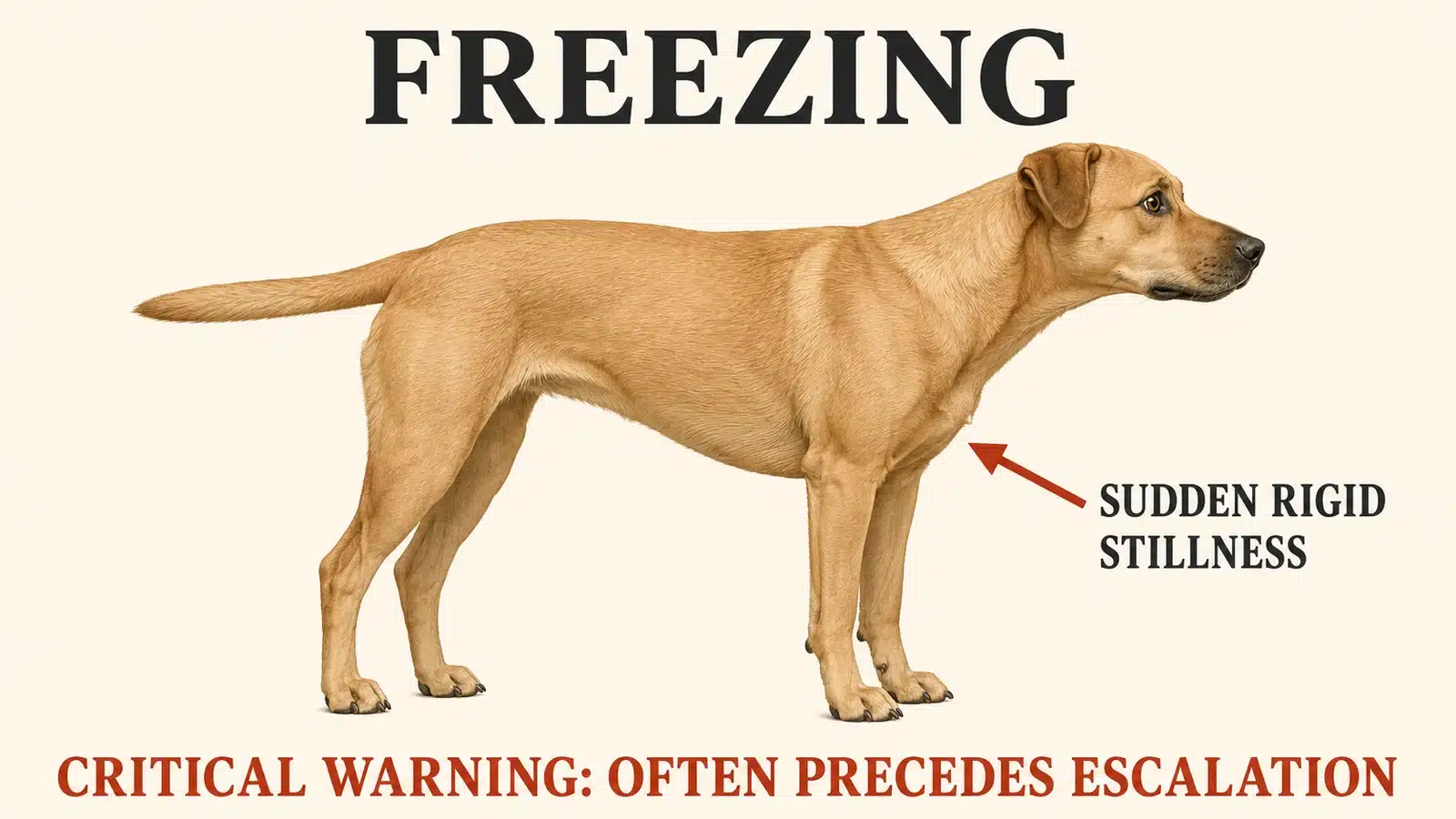 Dog frozen completely still with rigid muscles, a critical stress signal that often precedes escalation