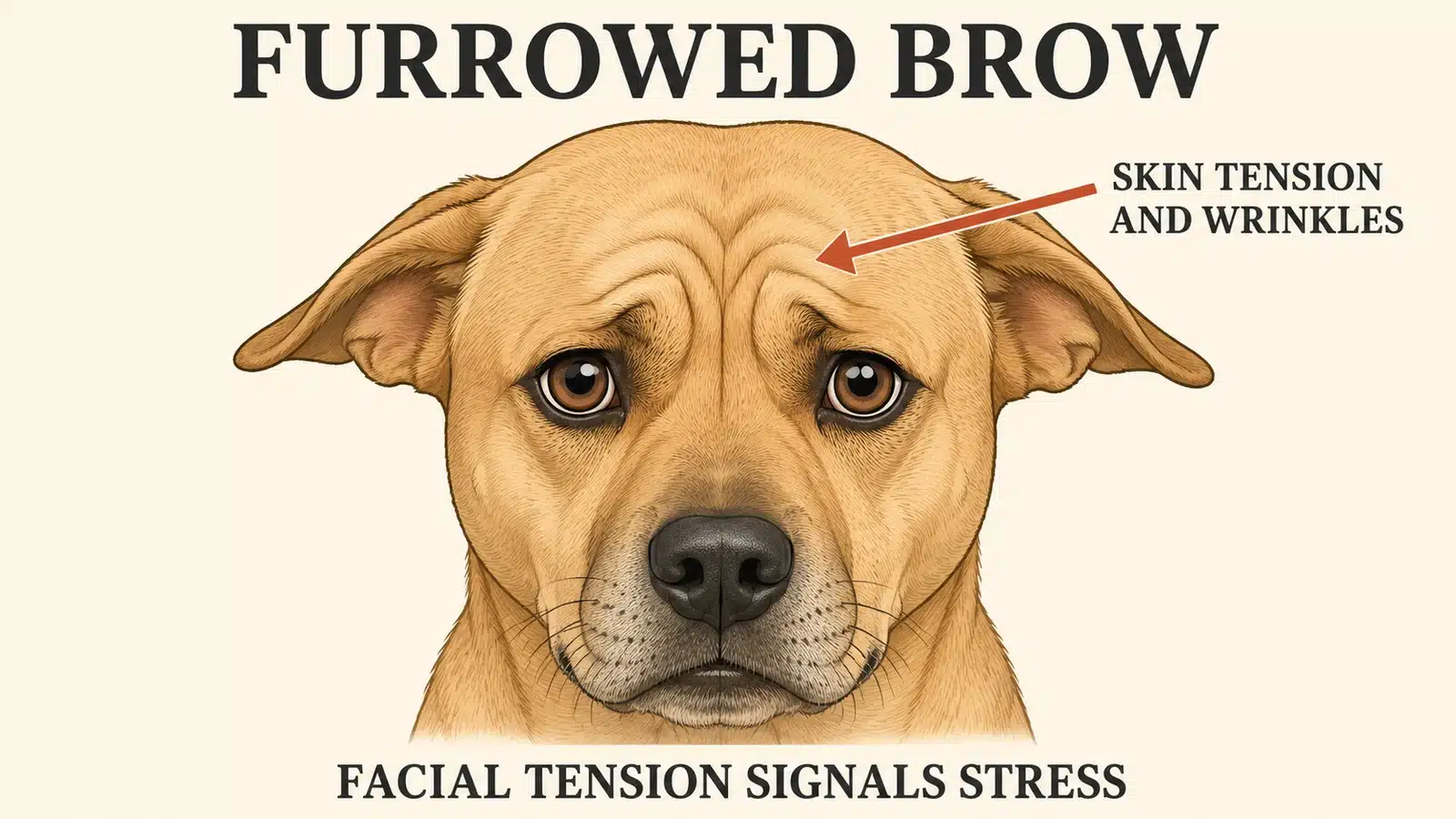 Dog with visible forehead wrinkles and brow tension, a facial stress indicator
