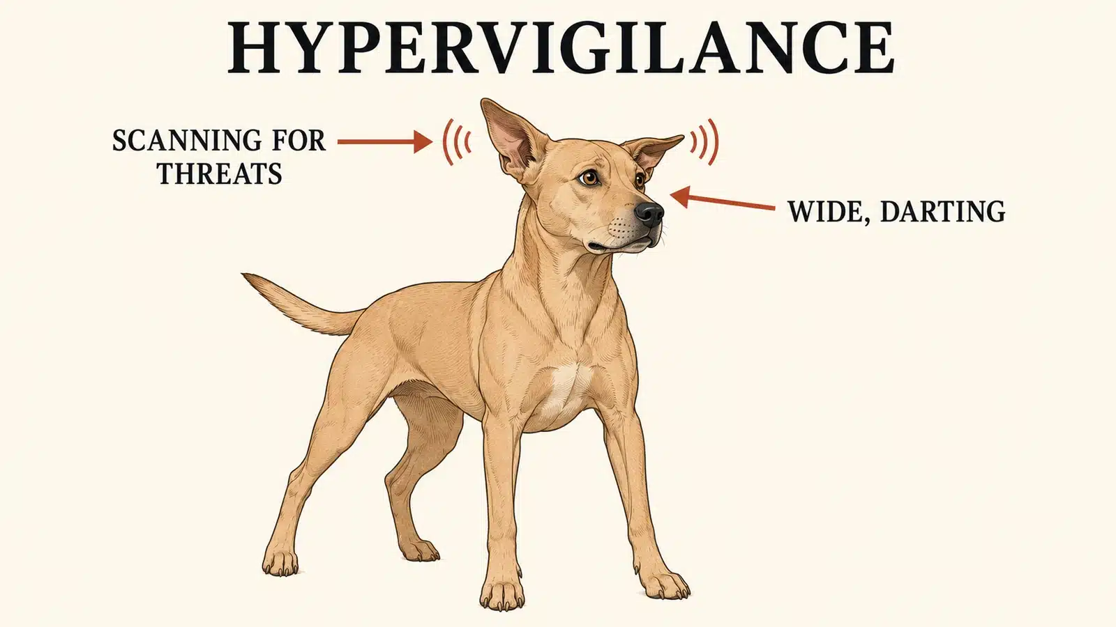 Hypervigilant dog scanning its surroundings with a raised head and wide eyes
