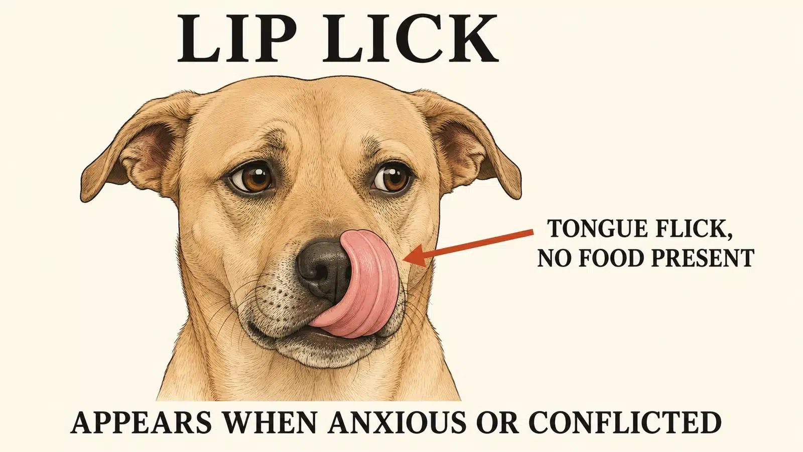 Dog flicking its tongue upward over its nose, a lip lick stress signal
