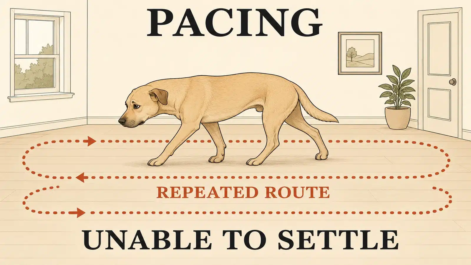Dog pacing back and forth in a repeated path, unable to settle, showing restlessness from stress