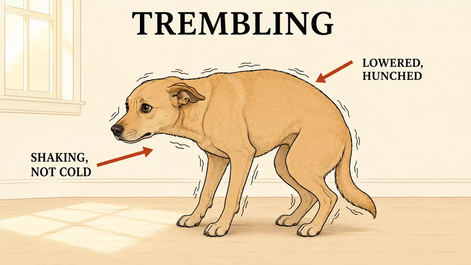 Dog trembling with lowered posture in a warm environment, indicating fear rather than cold