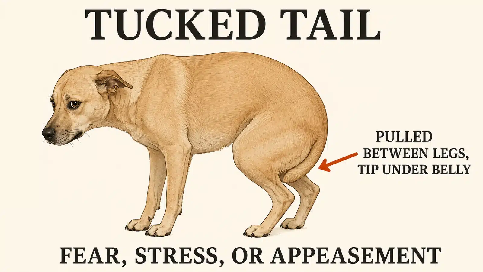 Dog with tail tucked tightly between the hind legs and curled under the belly in fear