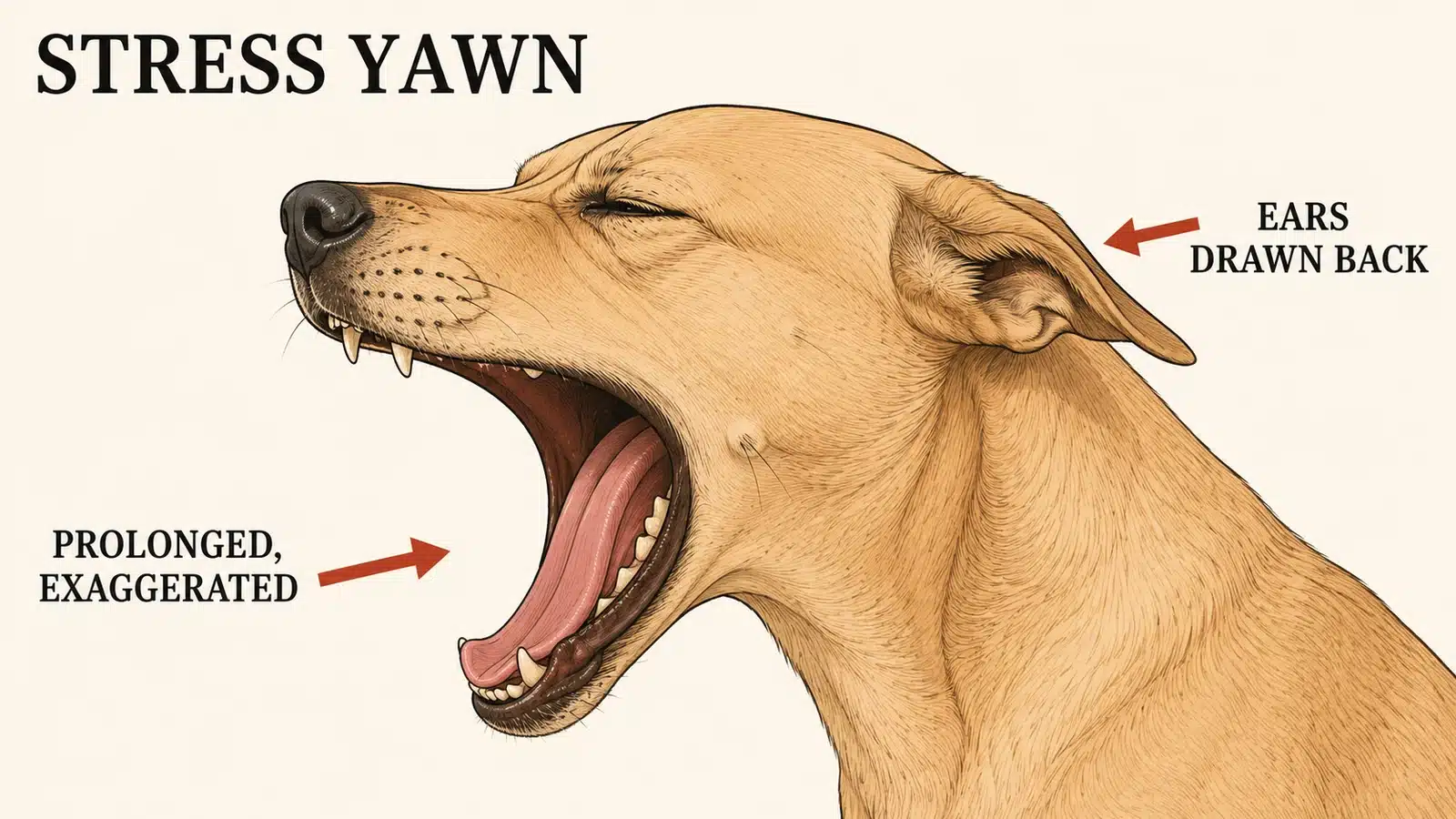 Dog displaying a prolonged stress yawn with tense facial muscles, a common canine stress signal