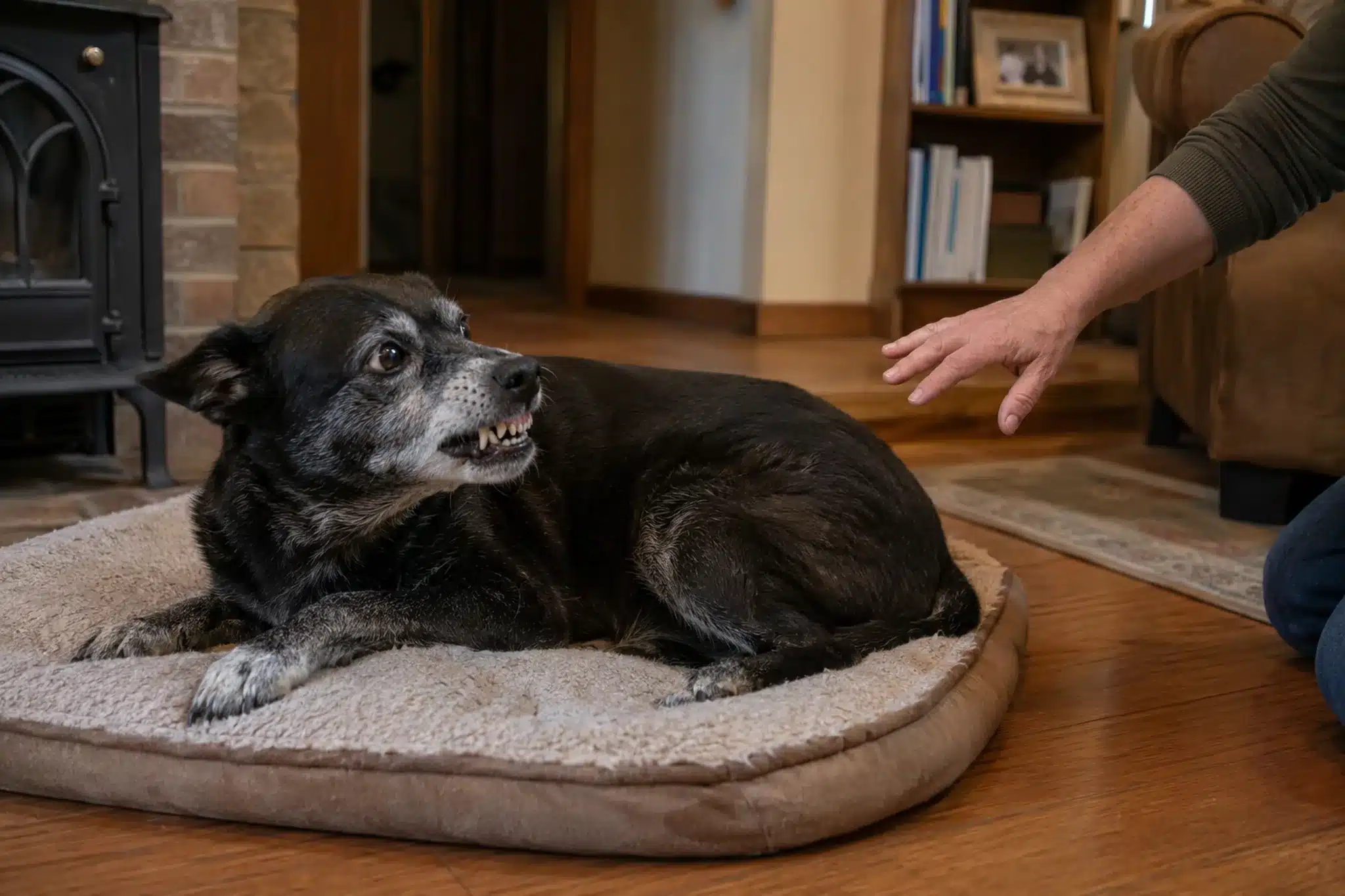 Older dog on a bed turning sharply with a warning snarl and hard stare as a hand reaches toward its sore hip without touching