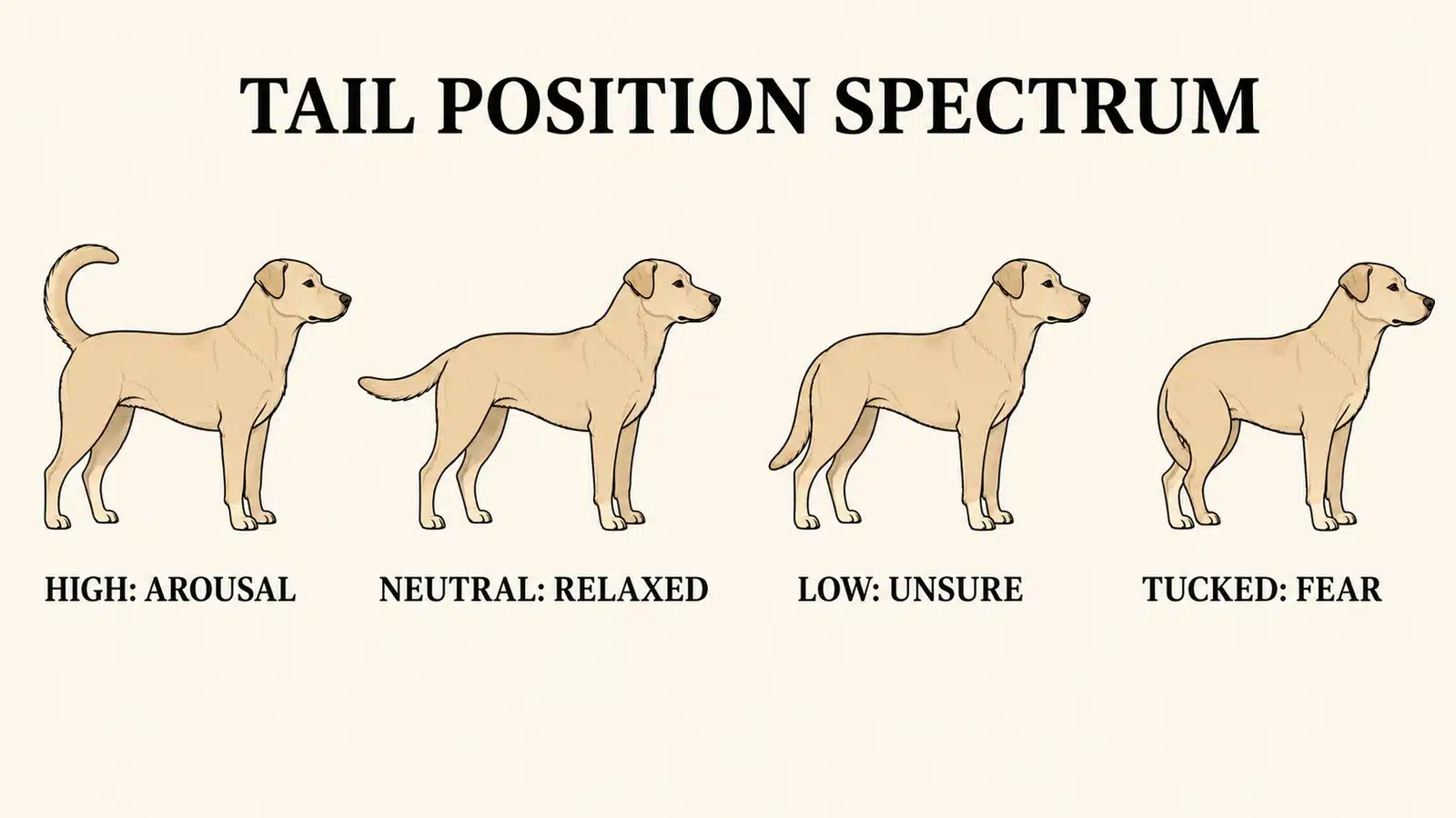 Comparison chart showing four dog tail positions from high to tucked with their emotional meanings