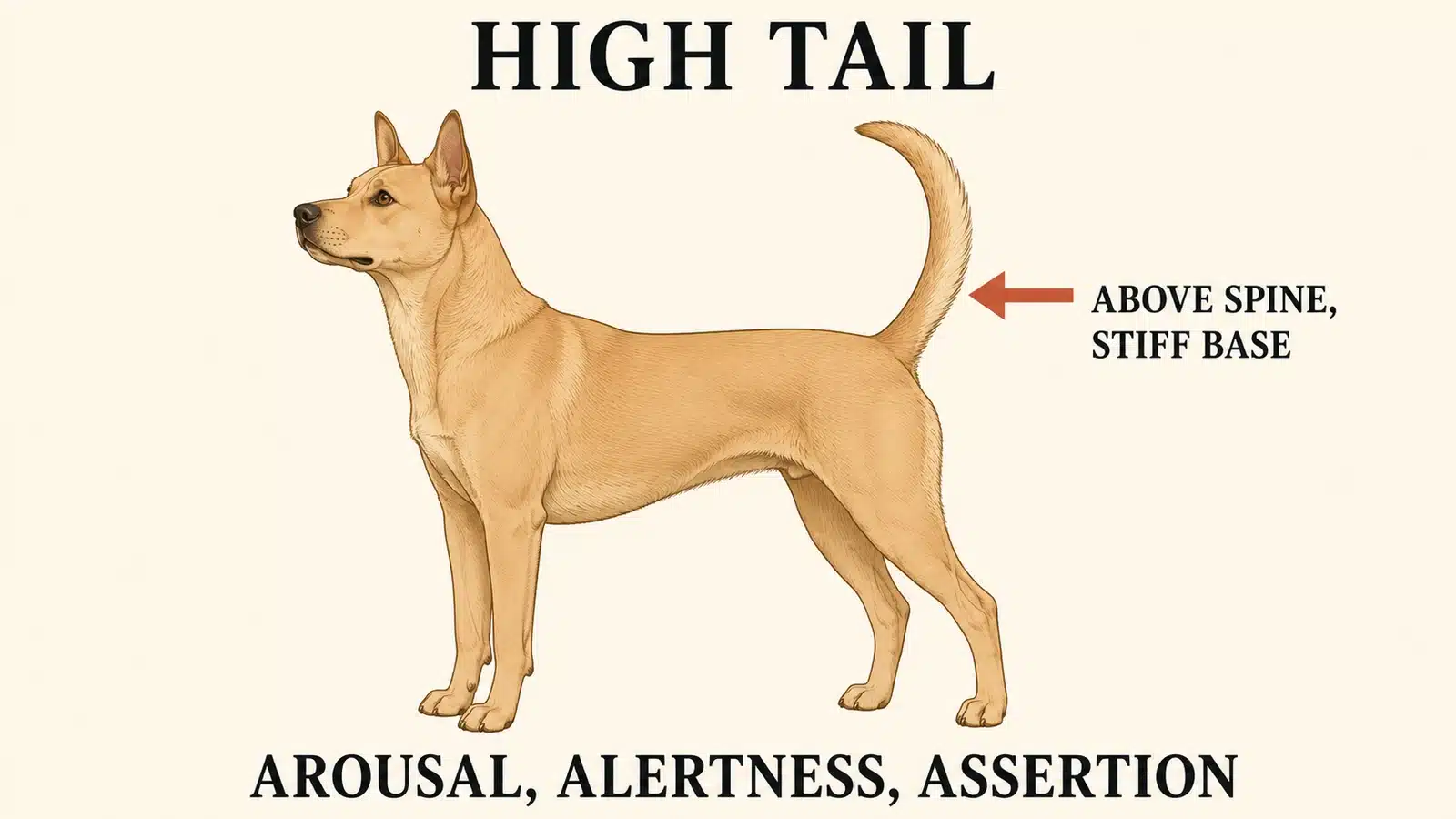 Dog holding its tail high over its back indicating arousal and alertness