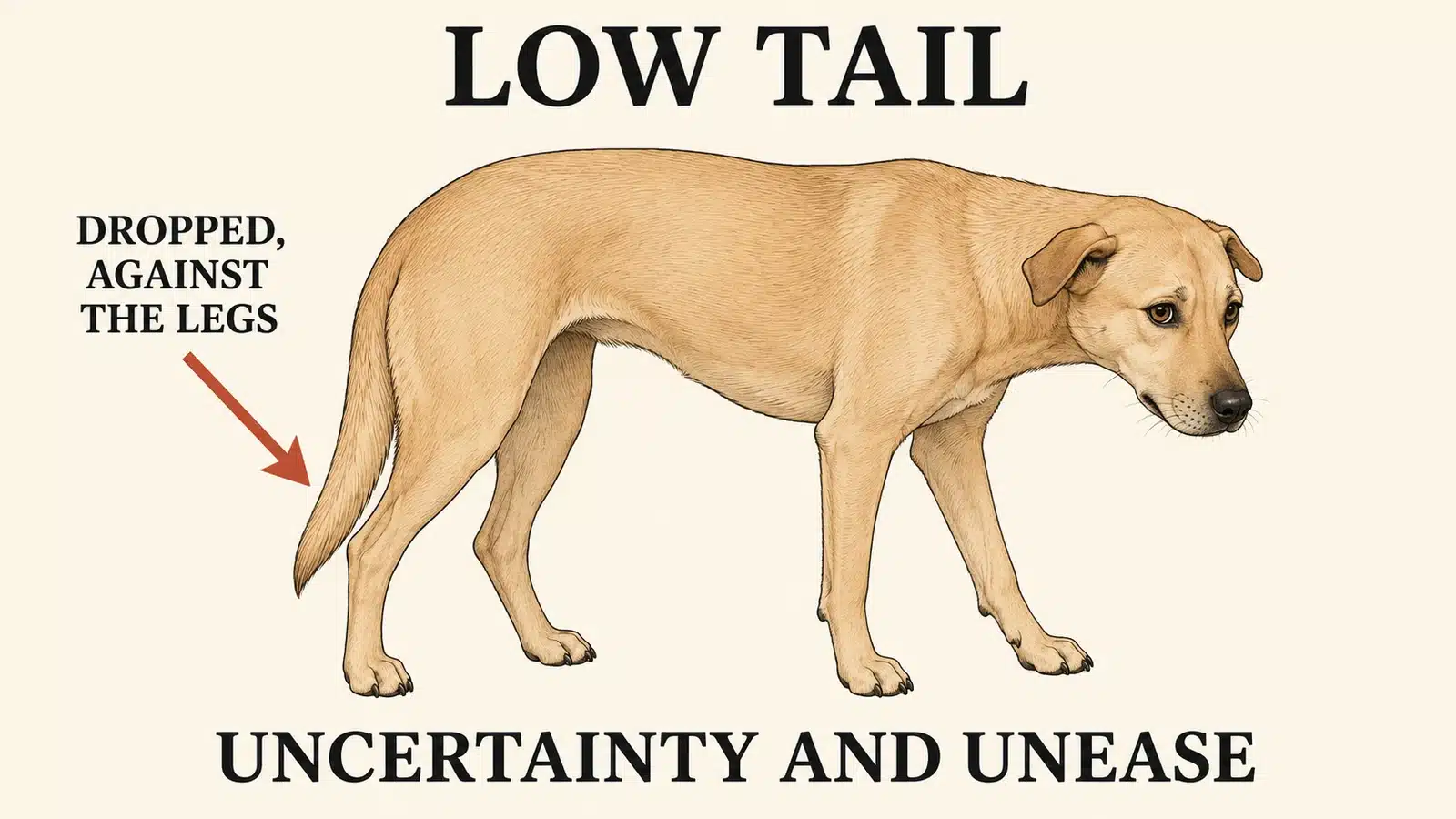 Dog holding its tail low near the hind legs indicating uncertainty or anxiety