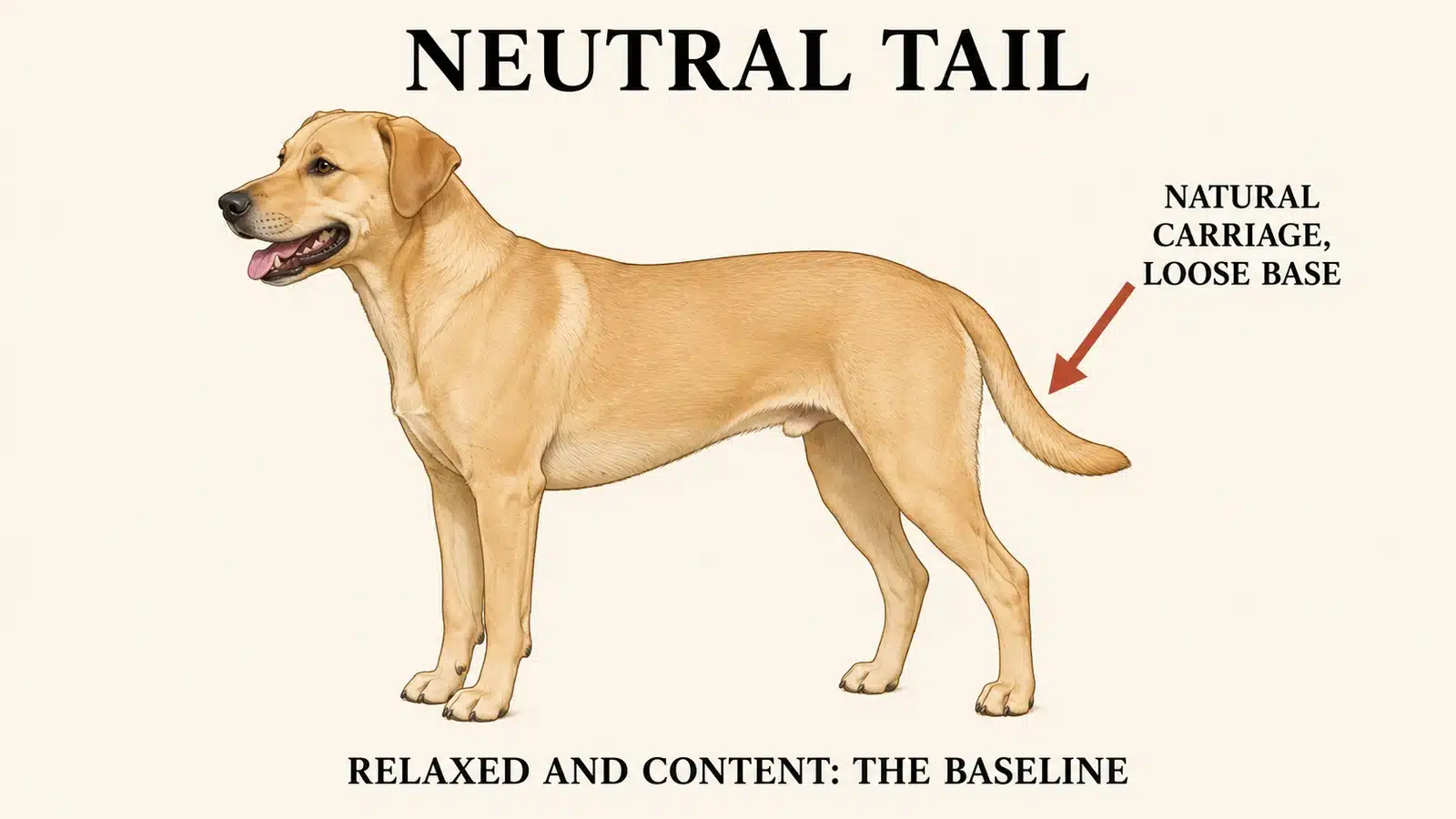 Dog with tail hanging in a natural neutral position showing a relaxed emotional state
