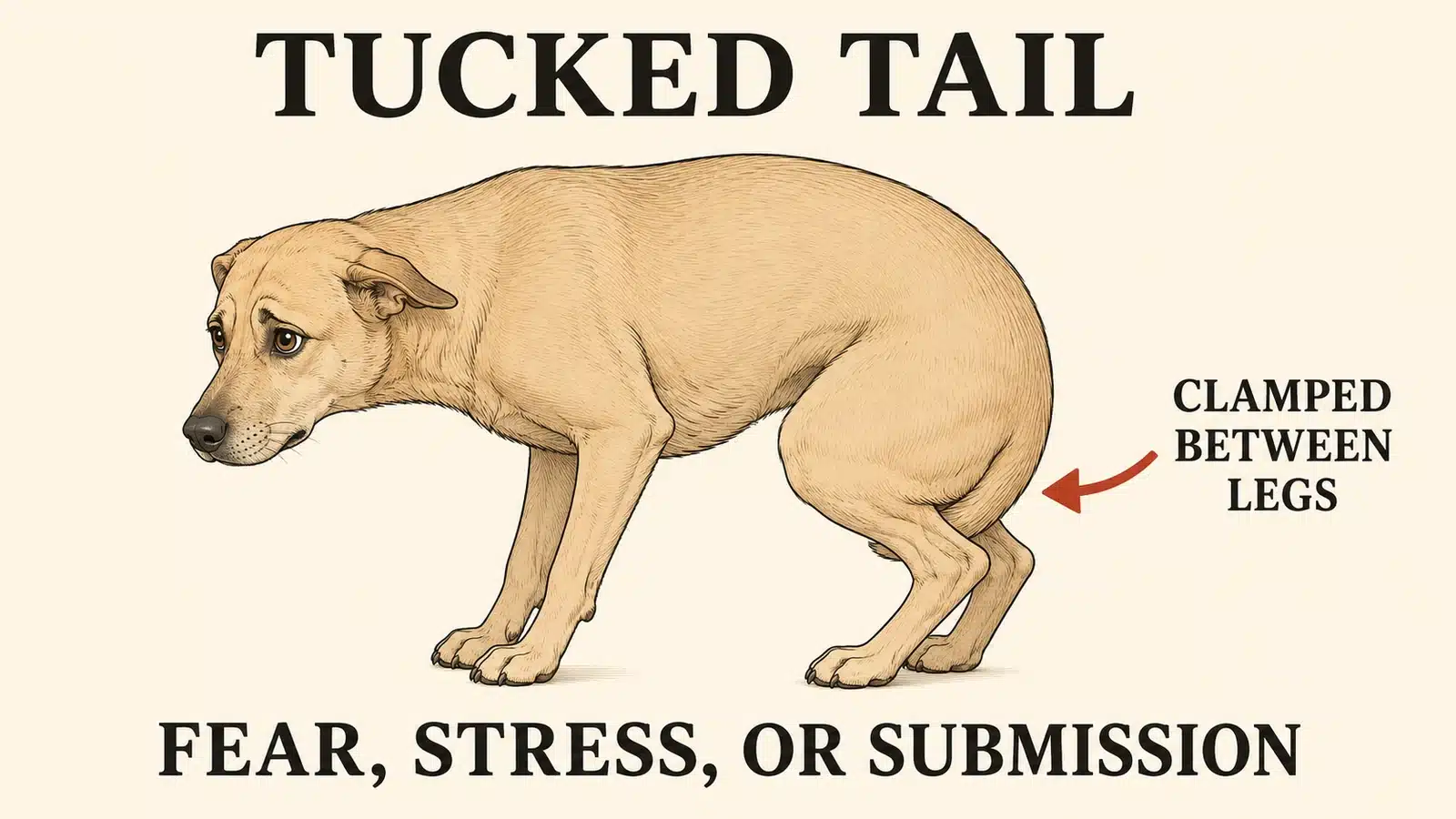 Dog with tail clamped between its hind legs and under the belly showing fear