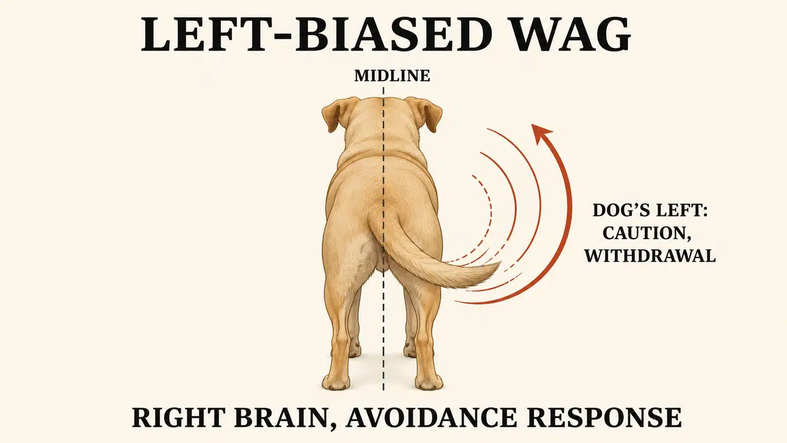 Diagram of a dog viewed from behind with tail wag biased to the dog's left, linked to negative emotion or caution