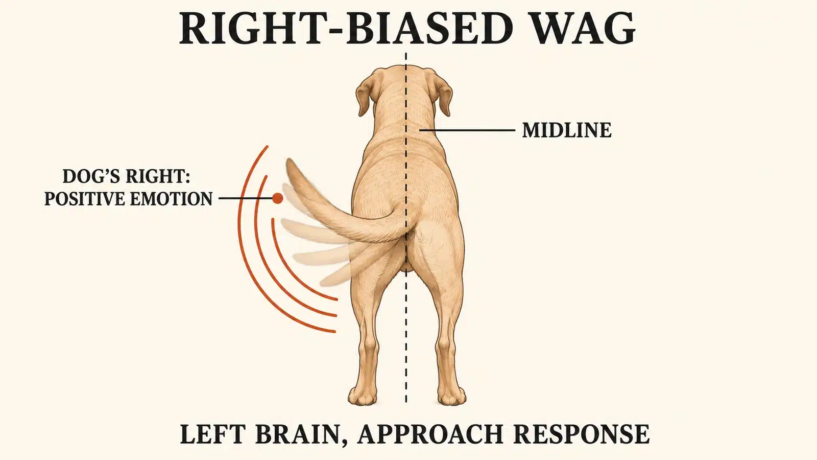 Diagram of a dog viewed from behind with tail wag biased to the dog's right, linked to positive emotion