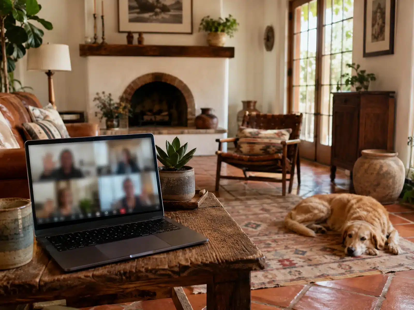 Pet parent in a virtual dog separation anxiety training session with a calm dog resting nearby.