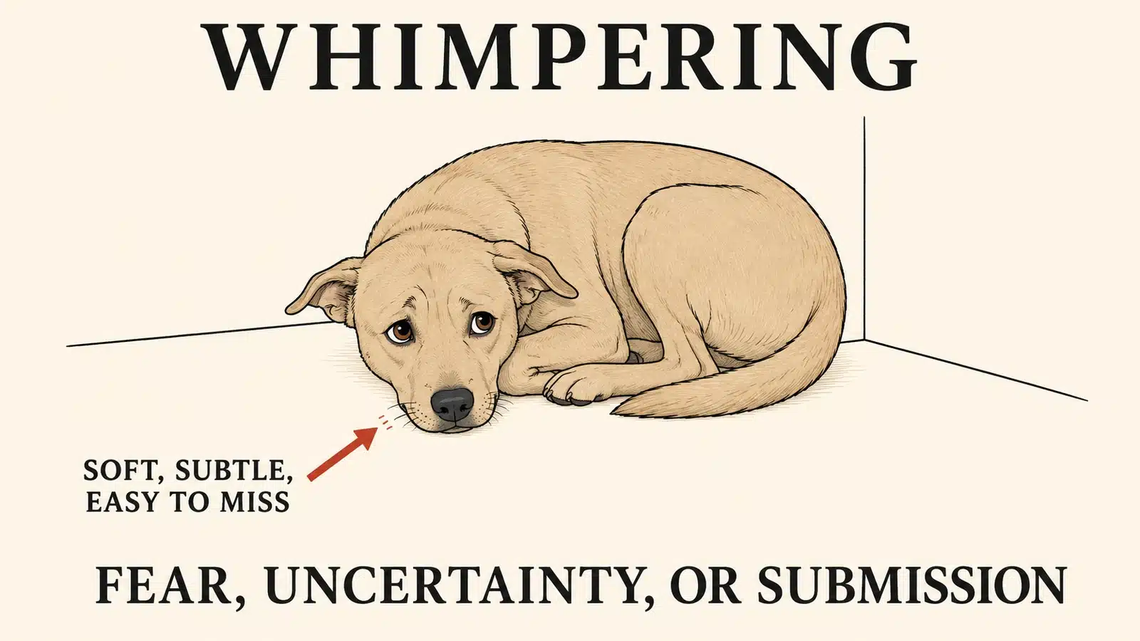 Dog whimpering softly while curled small with a lowered head