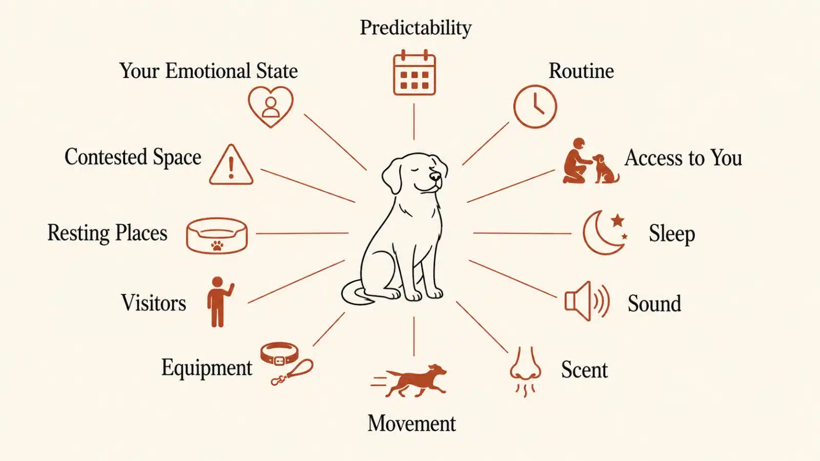 Diagram showing twelve things that change for a dog when a baby arrives, including routine, sleep, sound, scent, movement, and the pet parent's emotional state
